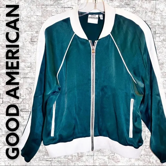 GOOD AMERICAN Emerald Green &amp; White Satin Bomber Jacket, Size 1