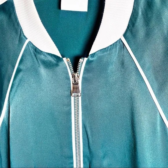 GOOD AMERICAN Emerald Green &amp; White Satin Bomber Jacket, Size 1
