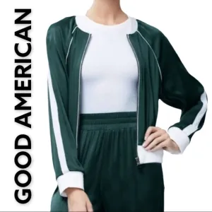 GOOD AMERICAN Emerald Green &amp; White Satin Bomber Jacket, Size 1