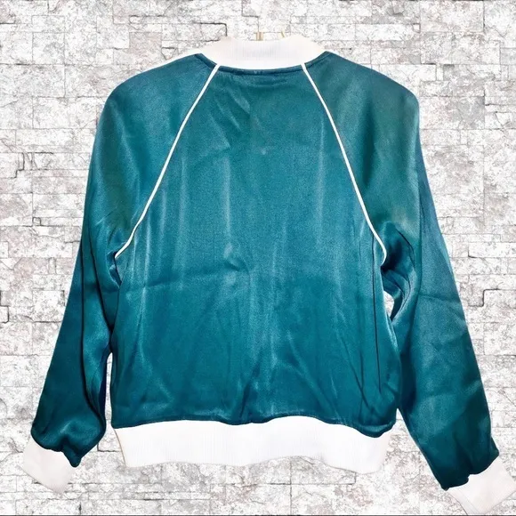GOOD AMERICAN Emerald Green &amp; White Satin Bomber Jacket, Size 1