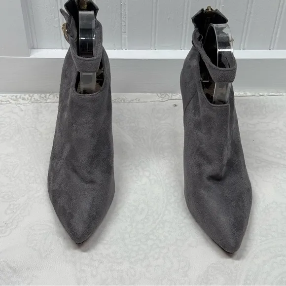 Gray high heel boots red bottom suede zipper back. Ankle strap date work sz 38