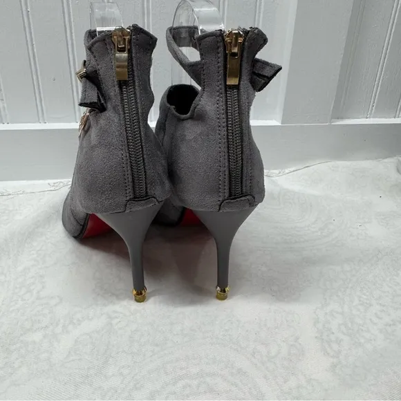Gray high heel boots red bottom suede zipper back. Ankle strap date work sz 38
