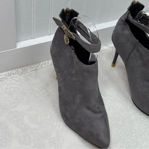 Gray high heel boots red bottom suede zipper back. Ankle strap date work sz 38