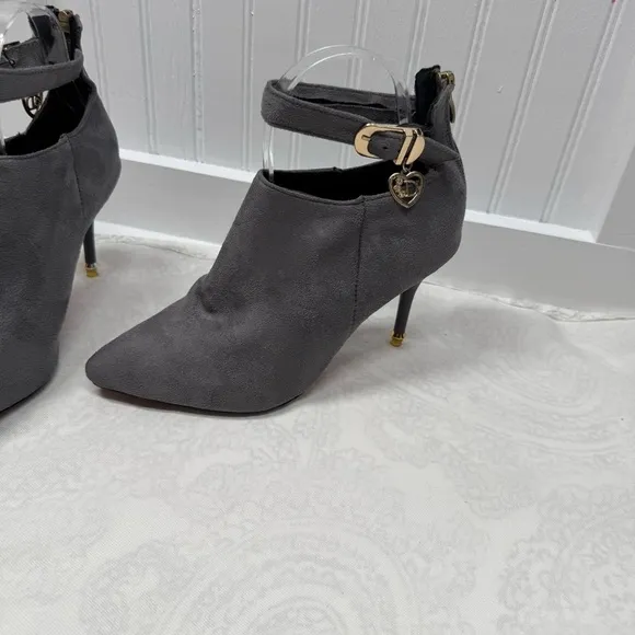 Gray high heel boots red bottom suede zipper back. Ankle strap date work sz 38