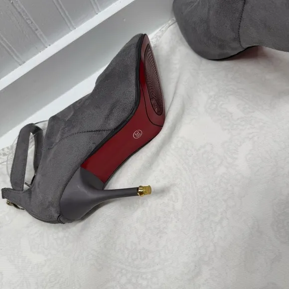Gray high heel boots red bottom suede zipper back. Ankle strap date work sz 38