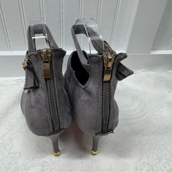 Gray high heel boots red bottom suede zipper back. Ankle strap date work sz 38