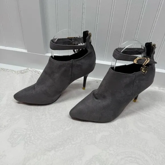 Gray high heel boots red bottom suede zipper back. Ankle strap date work sz 38