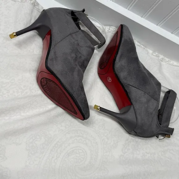Gray high heel boots red bottom suede zipper back. Ankle strap date work sz 38