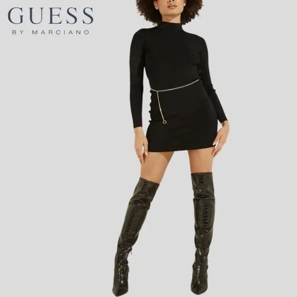 GUESS Mariah Long Sleeve Mock Neck Open Back Dress w/Chain Belt