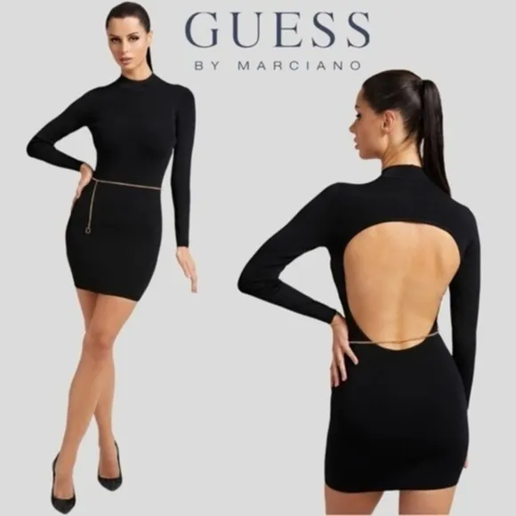GUESS Mariah Long Sleeve Mock Neck Open Back Dress w/Chain Belt