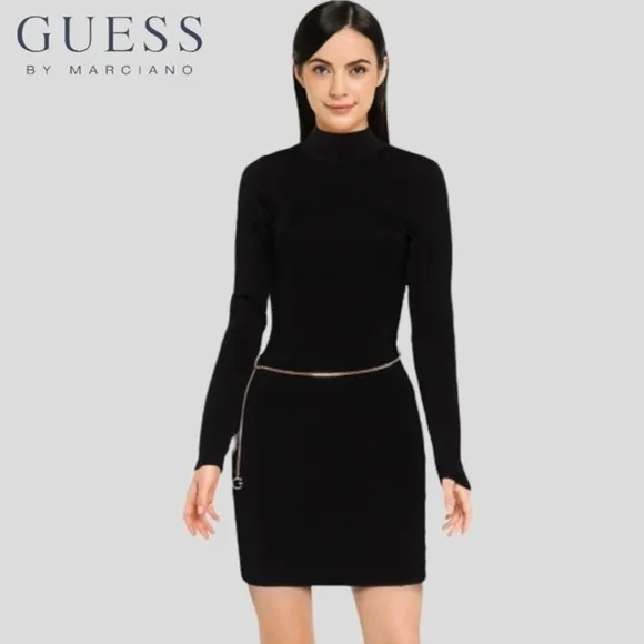GUESS Mariah Long Sleeve Mock Neck Open Back Dress w/Chain Belt