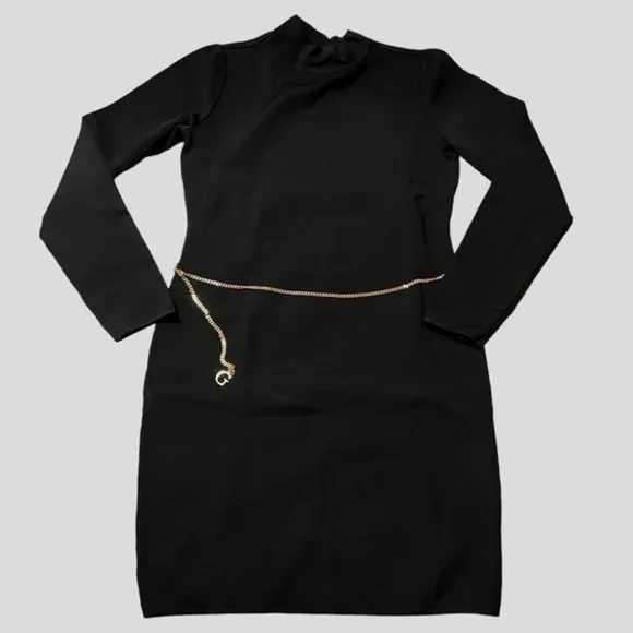 GUESS Mariah Long Sleeve Mock Neck Open Back Dress w/Chain Belt