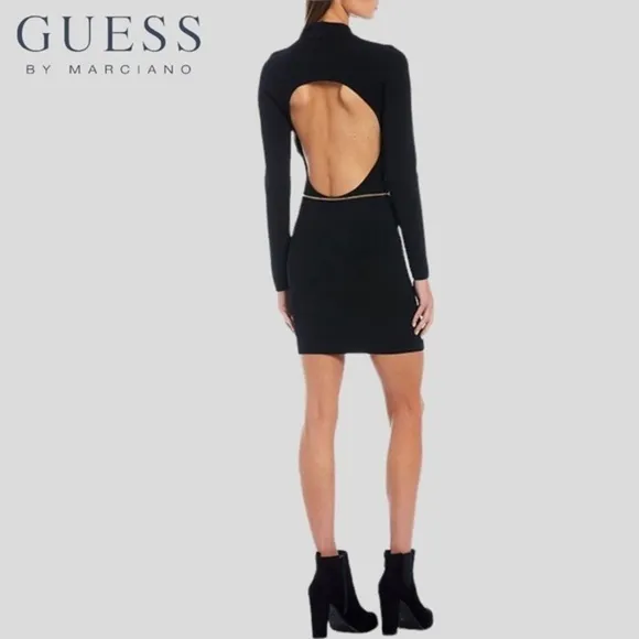 GUESS Mariah Long Sleeve Mock Neck Open Back Dress w/Chain Belt