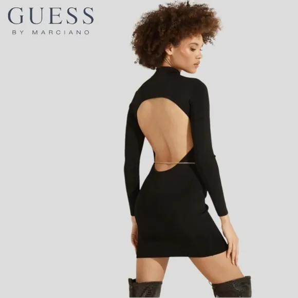 GUESS Mariah Long Sleeve Mock Neck Open Back Dress w/Chain Belt