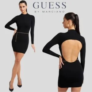 GUESS Mariah Long Sleeve Mock Neck Open Back Dress w/Chain Belt