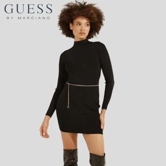 GUESS Mariah Long Sleeve Mock Neck Open Back Dress w/Chain Belt