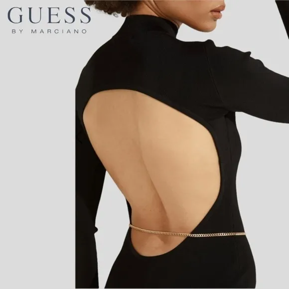 GUESS Mariah Long Sleeve Mock Neck Open Back Dress w/Chain Belt