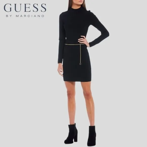 GUESS Mariah Long Sleeve Mock Neck Open Back Dress w/Chain Belt