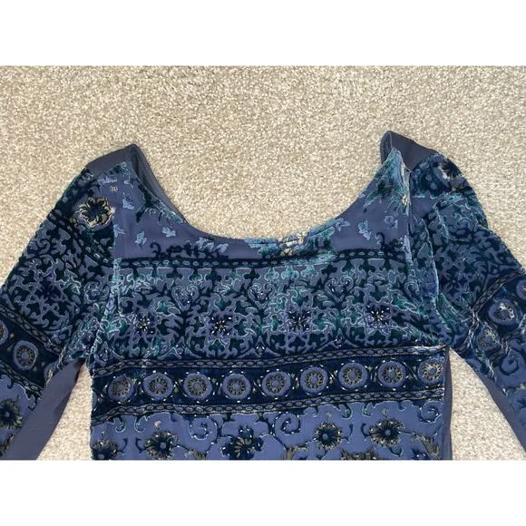 Hale Bob Floral Silk Velvet Burnout Dress Embroidered Beaded Womens Size Small