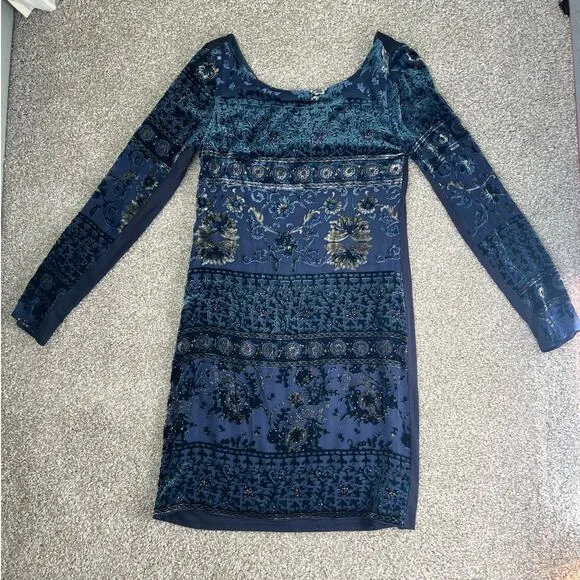 Hale Bob Floral Silk Velvet Burnout Dress Embroidered Beaded Womens Size Small