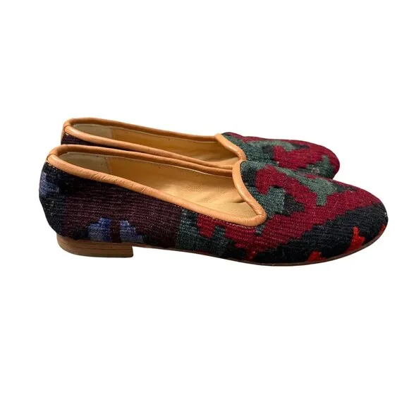 Handmade Multicolor Kilim Wool Southwestern Slip On Loafer Shoes Womens Size 9