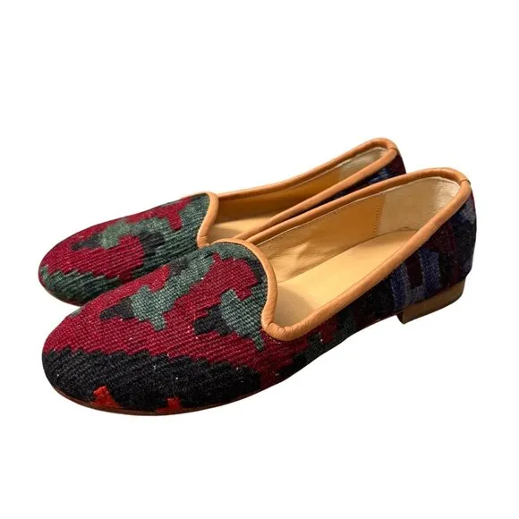 Handmade Multicolor Kilim Wool Southwestern Slip On Loafer Shoes Womens Size 9