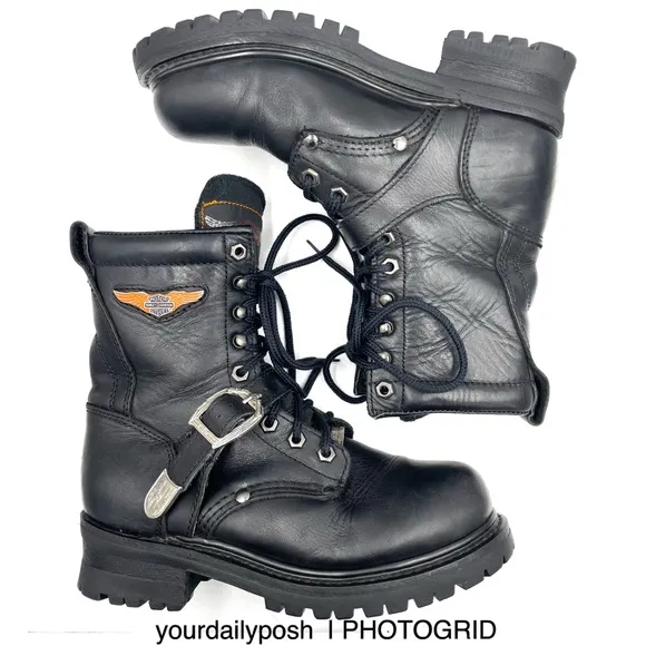 Harley Davidson vintage 90s black leather women’s lug sole lace-up boots US 6.5