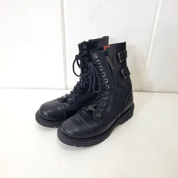 Harley-Davidson Women's Black Leather Lace-Up and Side Zip Motorcycle Boots Size