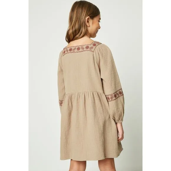 HAYDEN Taffy Khaki Woven Midi Dress Featuring Red Embroidery Small NEW