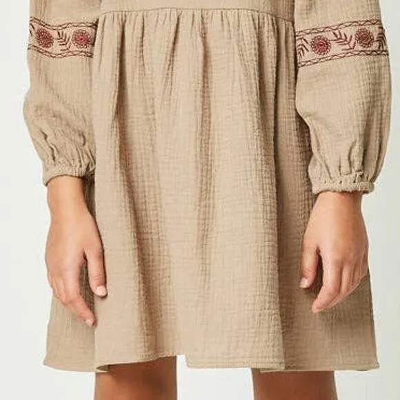 HAYDEN Taffy Khaki Woven Midi Dress Featuring Red Embroidery Small NEW
