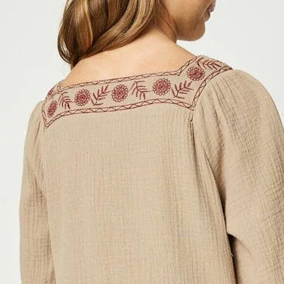 HAYDEN Taffy Khaki Woven Midi Dress Featuring Red Embroidery Small NEW