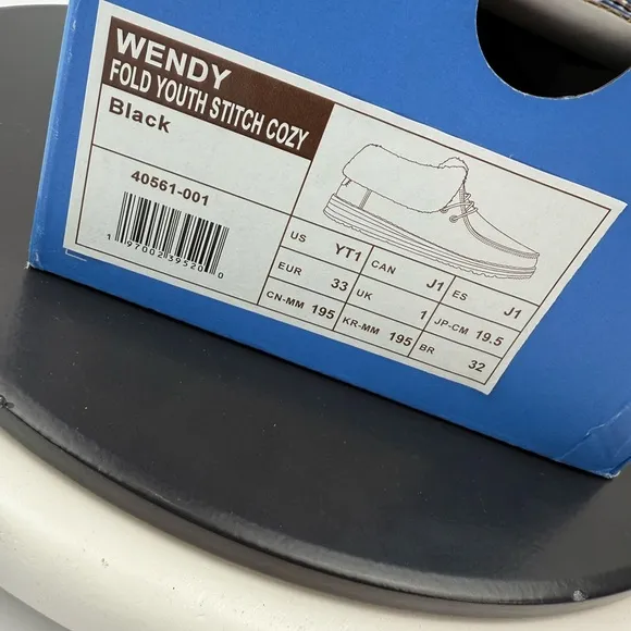Hey Dude Wendy Fold Youth Kids Stitch Cozy Black Gray Casual Shoes Size 1Y NEW