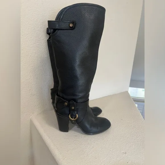 Hogan Womens Leather Buckle Detail Black Round Toe Knee High Boots size 37‎
