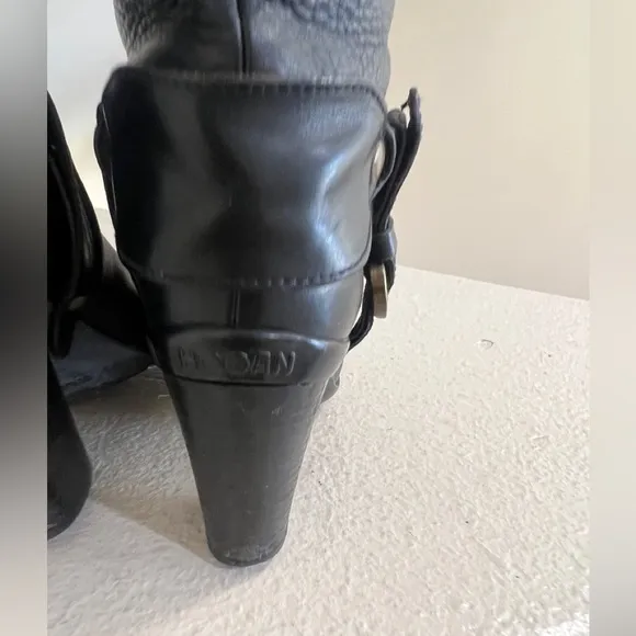 Hogan Womens Leather Buckle Detail Black Round Toe Knee High Boots size 37‎