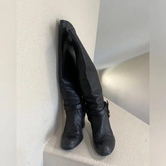 Hogan Womens Leather Buckle Detail Black Round Toe Knee High Boots size 37‎