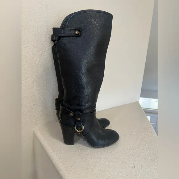 Hogan Womens Leather Buckle Detail Black Round Toe Knee High Boots size 37‎