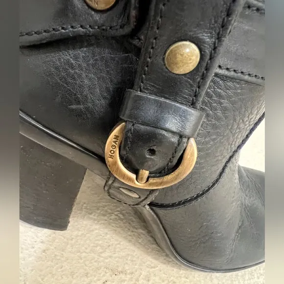 Hogan Womens Leather Buckle Detail Black Round Toe Knee High Boots size 37‎
