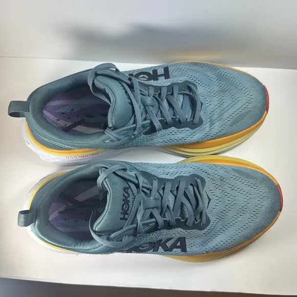 HOKA One One Bondi 8 Blue and Yellow Men’s Size 9.5 Wide Running Shoes