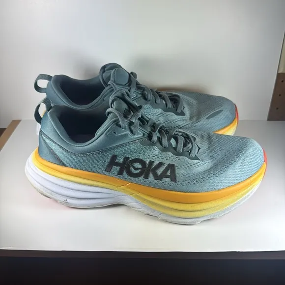 HOKA One One Bondi 8 Blue and Yellow Men’s Size 9.5 Wide Running Shoes