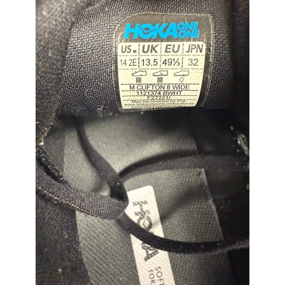 HOKA ONE ONE Clifton 8 Mens 14 2E White Black Running Shoes Wide