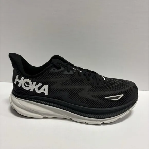 Hoka One One Men’s Clifton 9 Black/White Running Shoes, Size 11.5 Wide