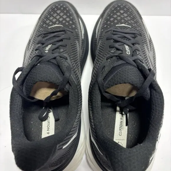 Hoka One One Men’s Clifton 9 Black/White Running Shoes, Size 11.5 Wide