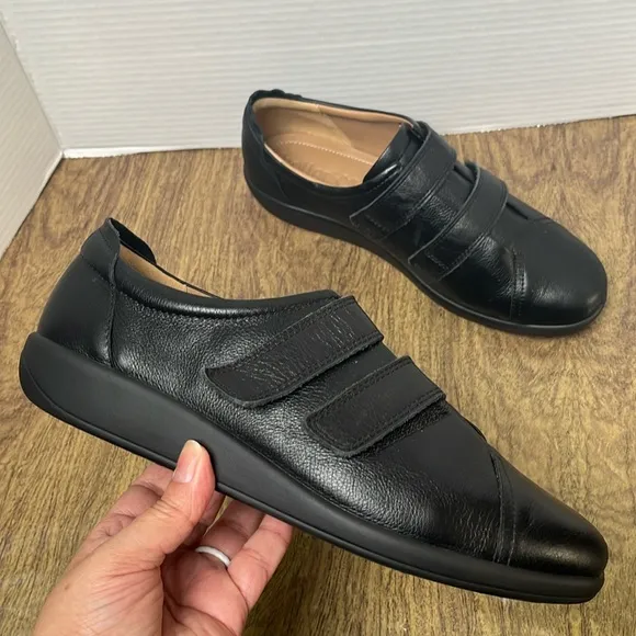 Hotter Leap Black Leather Adjustable Strap Shoes Size 10 EXF