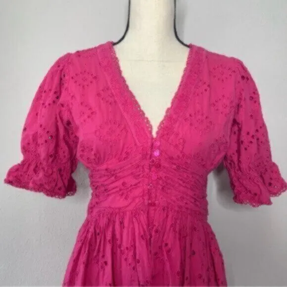 House Of Harlow V Neck Button Up Eyelet Midi Dress