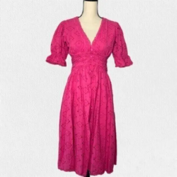 House Of Harlow V Neck Button Up Eyelet Midi Dress