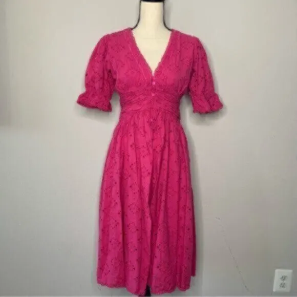 House Of Harlow V Neck Button Up Eyelet Midi Dress