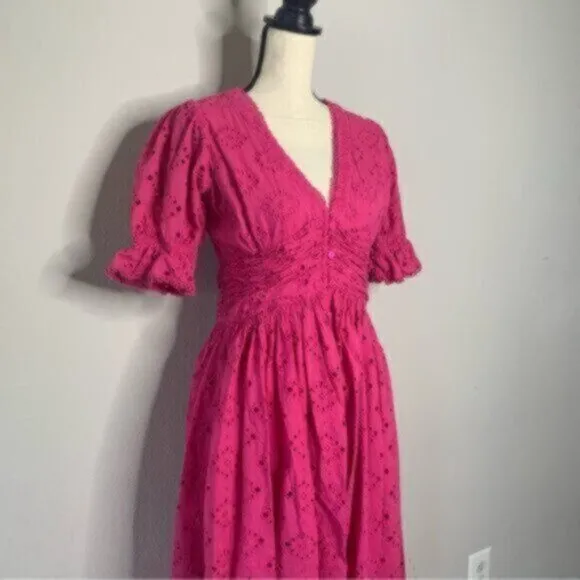 House Of Harlow V Neck Button Up Eyelet Midi Dress