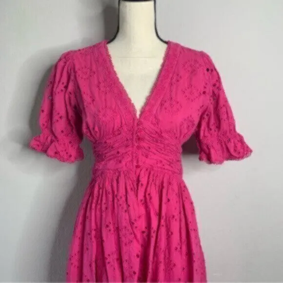 House Of Harlow V Neck Button Up Eyelet Midi Dress