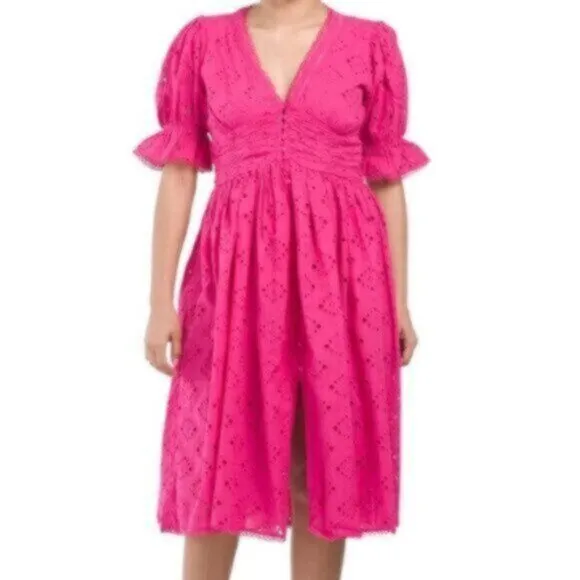 House Of Harlow V Neck Button Up Eyelet Midi Dress