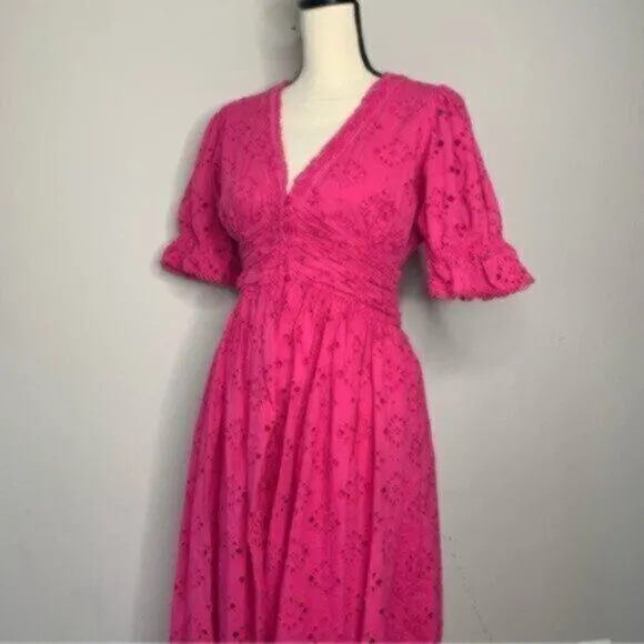 House Of Harlow V Neck Button Up Eyelet Midi Dress
